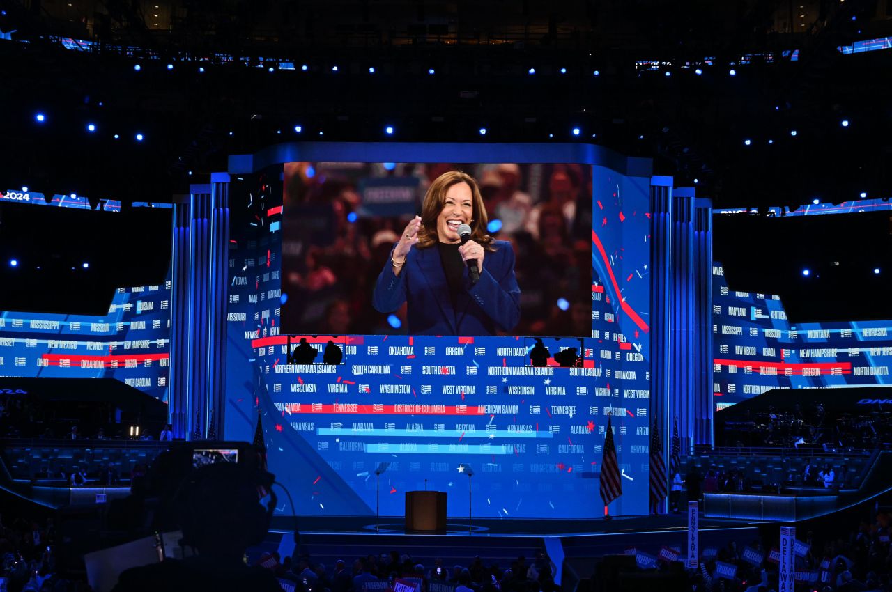 Harris?appears via video?to symbolically accept the party's nomination after a ceremonial roll call on Tuesday. She and her running mate, Minnesota Gov. Tim Walz, were in Milwaukee for a campaign rally.?