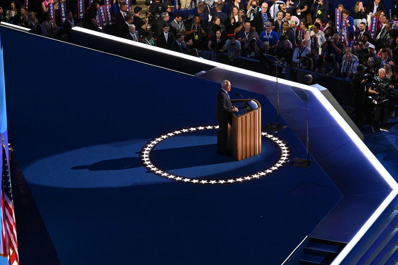 Democratic vice presidential nominee Minnesota Governor Tim Walz speaks at the United Center during the Democratic National Convention in Chicago, Illinois, on August 21, 2024.