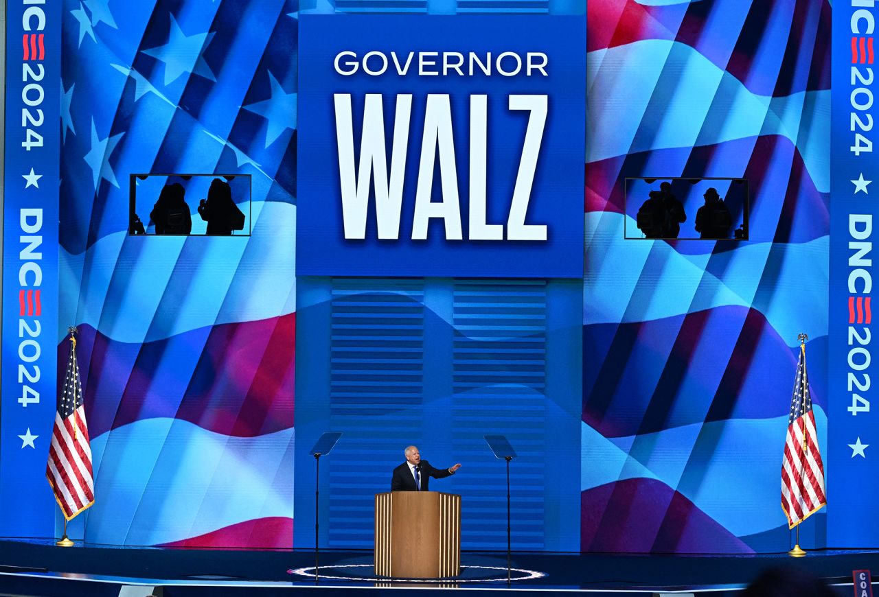 Tim Walz speaks at the 2024 Democratic National Convention in Chicago on August 21.