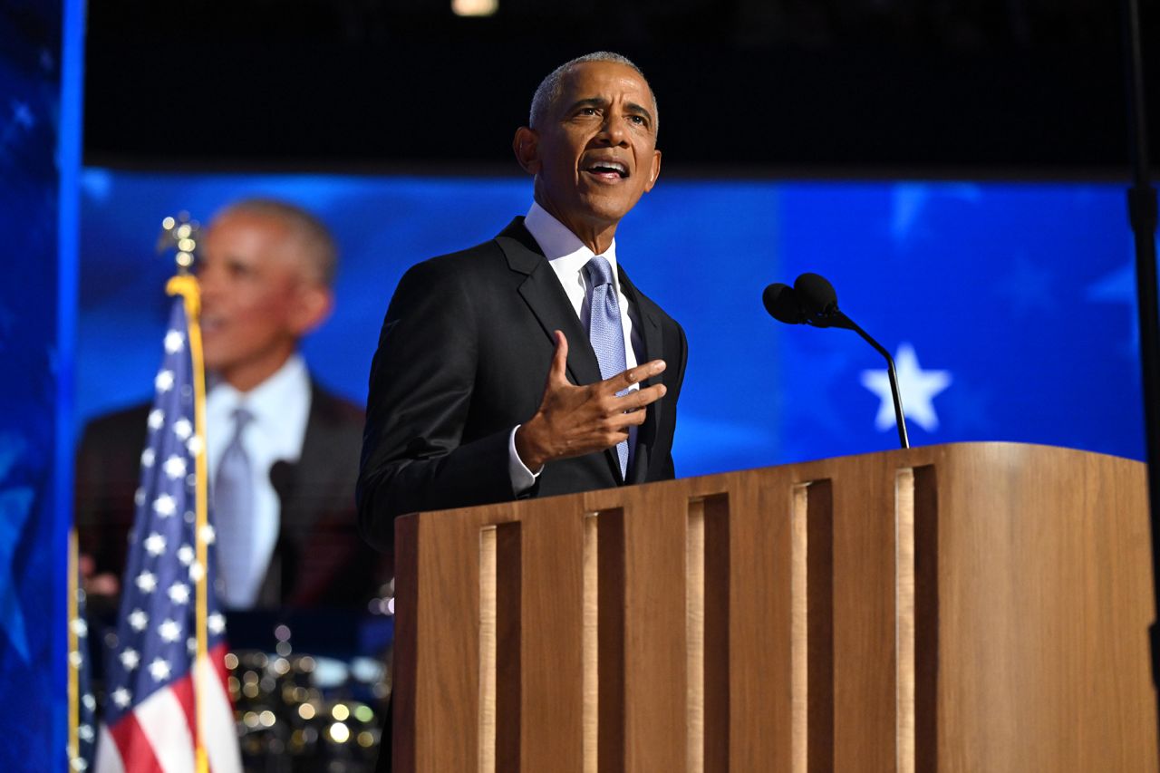 Barack Obama speaks at the United Center during the Democratic National Convention in Chicago, Illinois, on August 20.