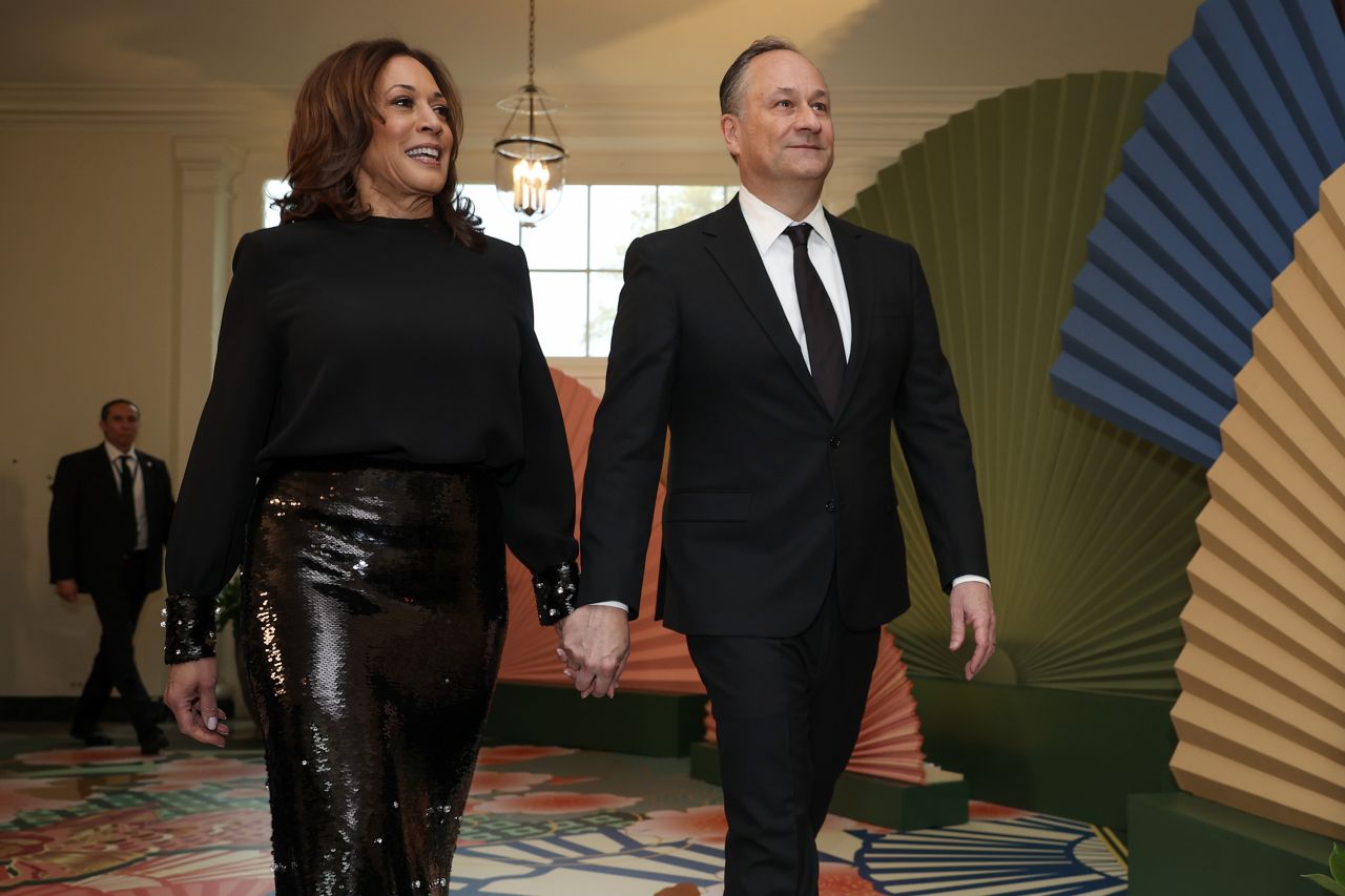 Vice President Kamala Harris and Second Gentleman Doug Emhoff arrive at the White House for a state dinner on April 10, in Washington, DC.