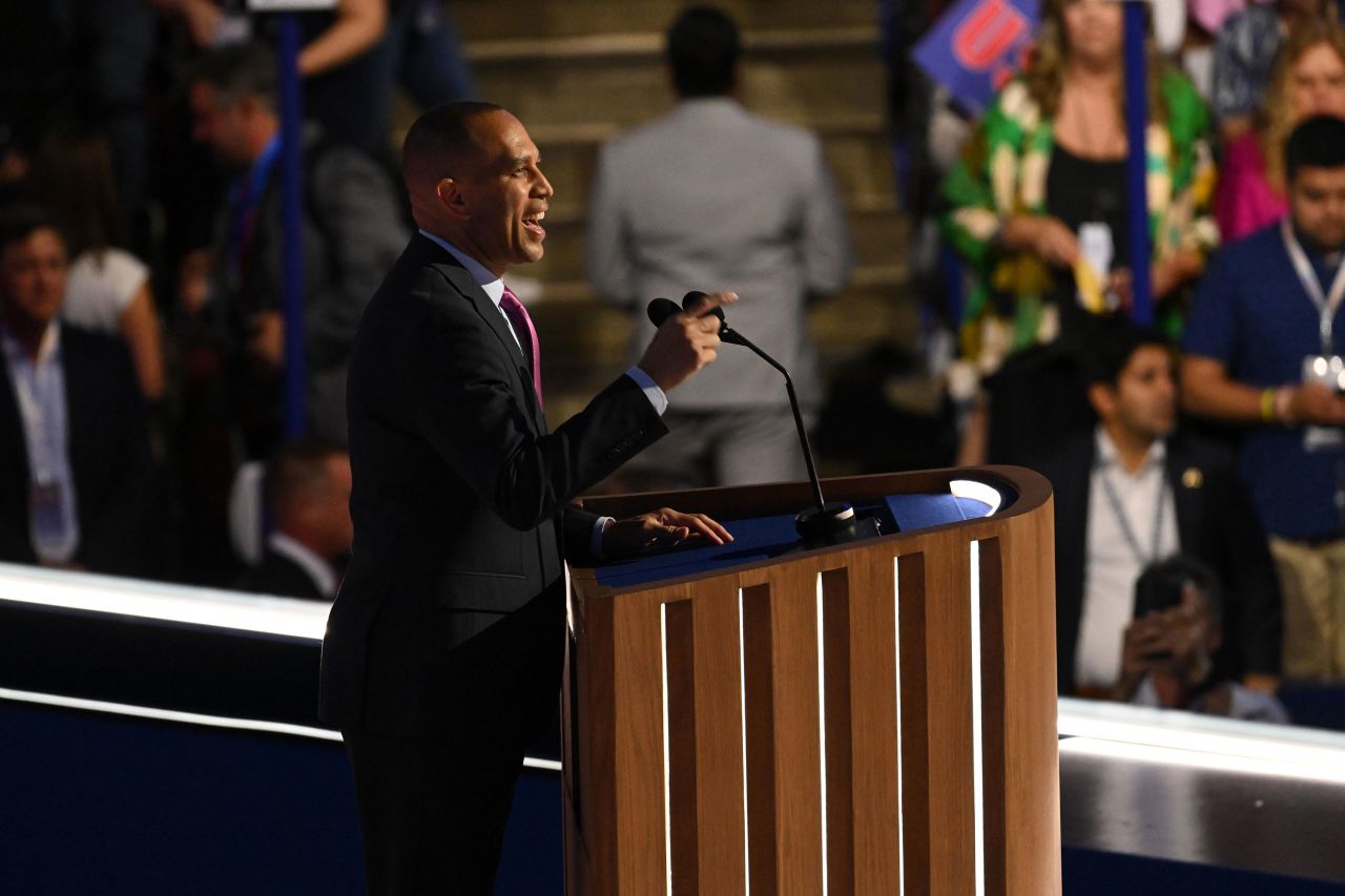 US House of Representatives Minority Leader Hakeem Jeffries speaks at the during the DNC on Wednesday, August 21, in Chicago. 