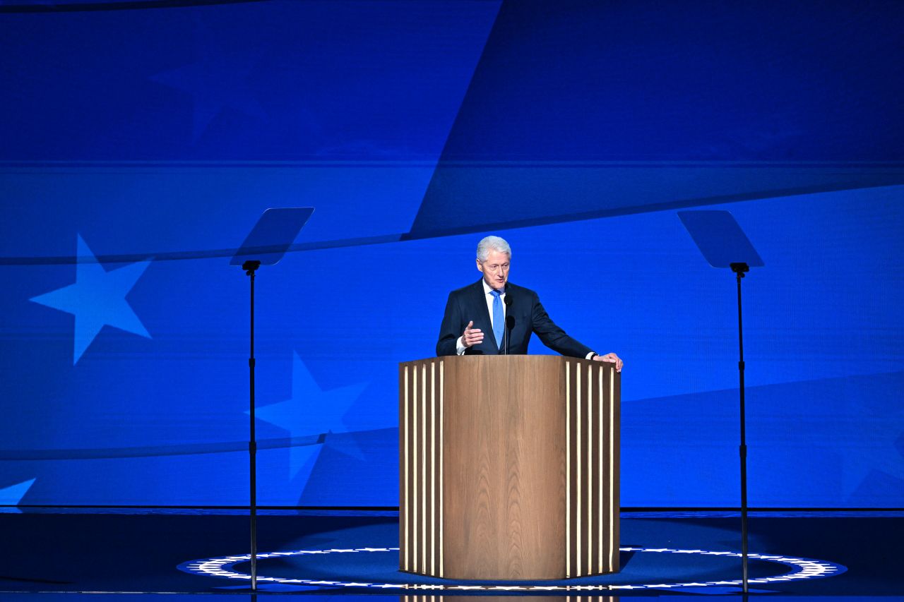 Former President Bill Clinton speaks during the DNC on Wednesday, August 21, in Chicago. 