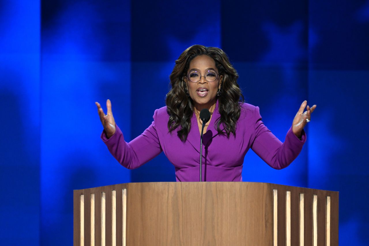 Media mogul Oprah Winfrey speaks at the convention on Wednesday.?She urged voters to elect Kamala Harris to the White House, framing November’s election as a fight for freedom.