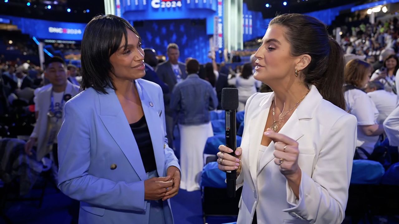 Rosario Dawson speaks with  CNN's Kaitlin Collinsfrom the floor of the DNC on Thursday, August 22.