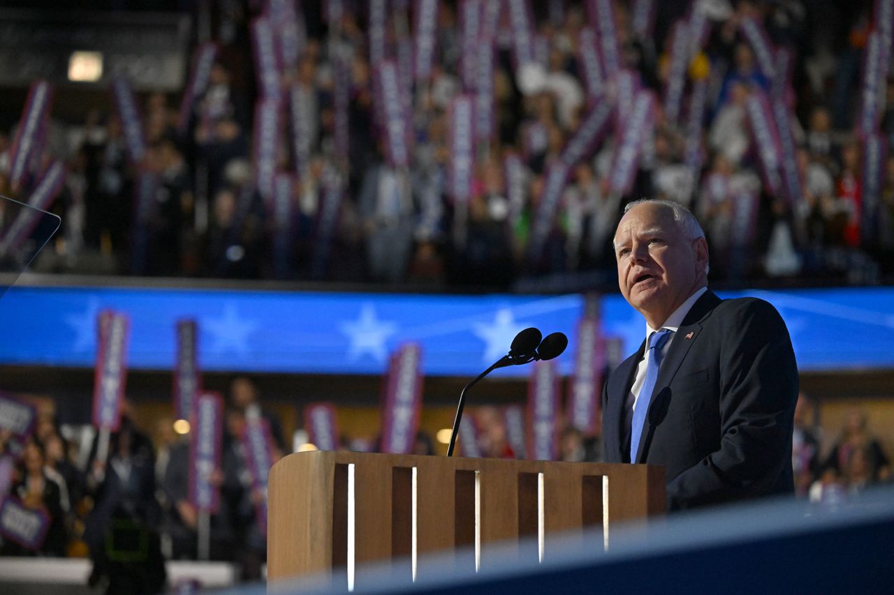 Tim Walz speask at the United Center during the Democratic National Convention in Chicago, Illinois, on August 21.