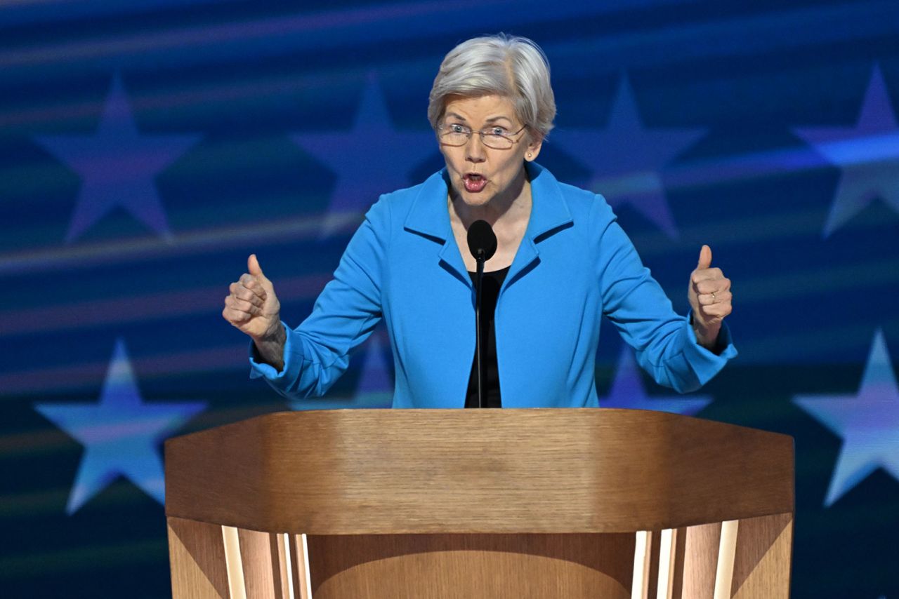 Sen. Elizabeth Warren speaks during the final night of the DNC on Thursday, August 22, in Chicago.