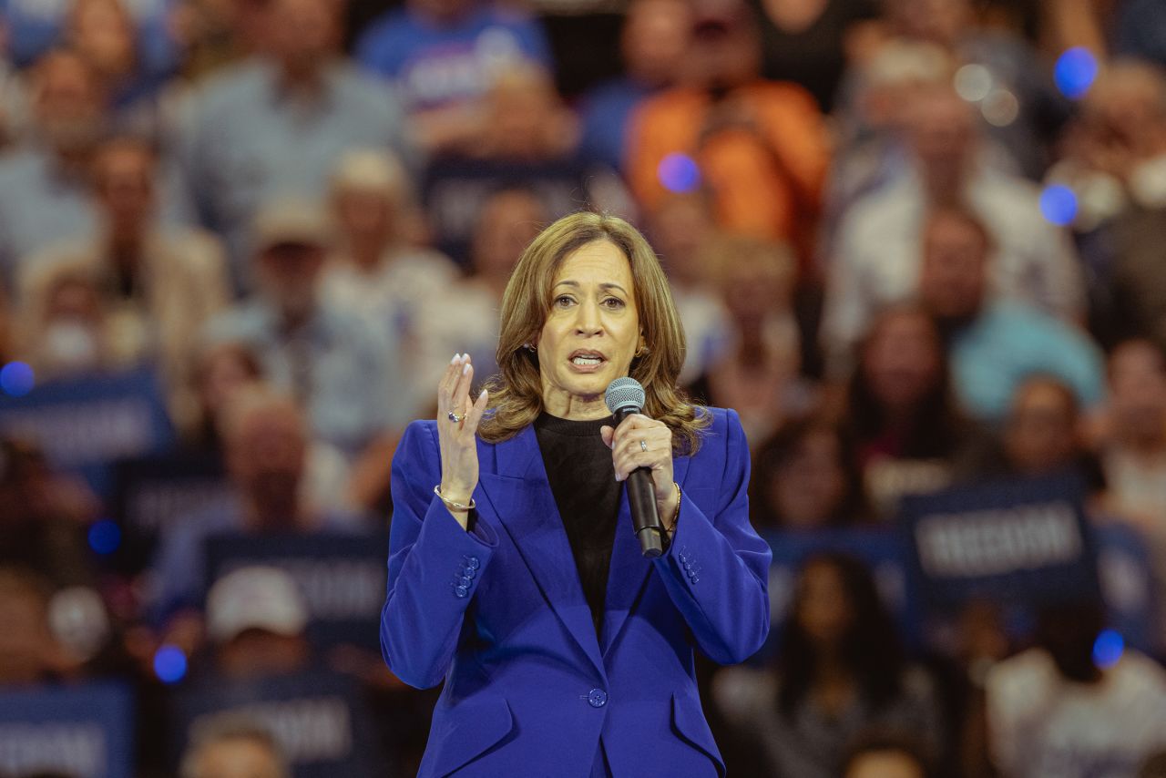 Vice President Kamala Harris speaks at the Fiserv Forum in Milwaukee, Wisconsin, on August 20.