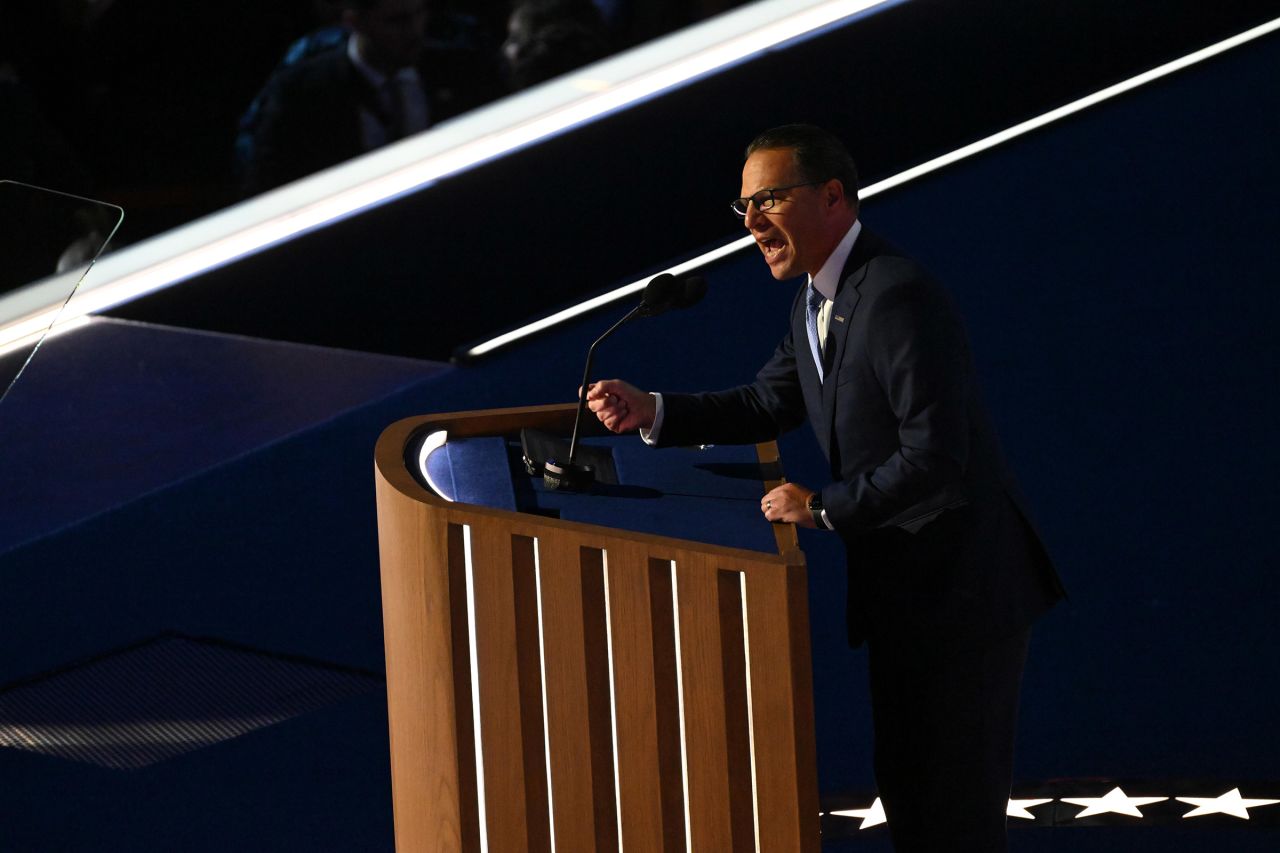 Pennsylvania Gov. Josh Shapiro speaks at the United Center during the Democratic National Convention in Chicago, Illinois, on August 21. 