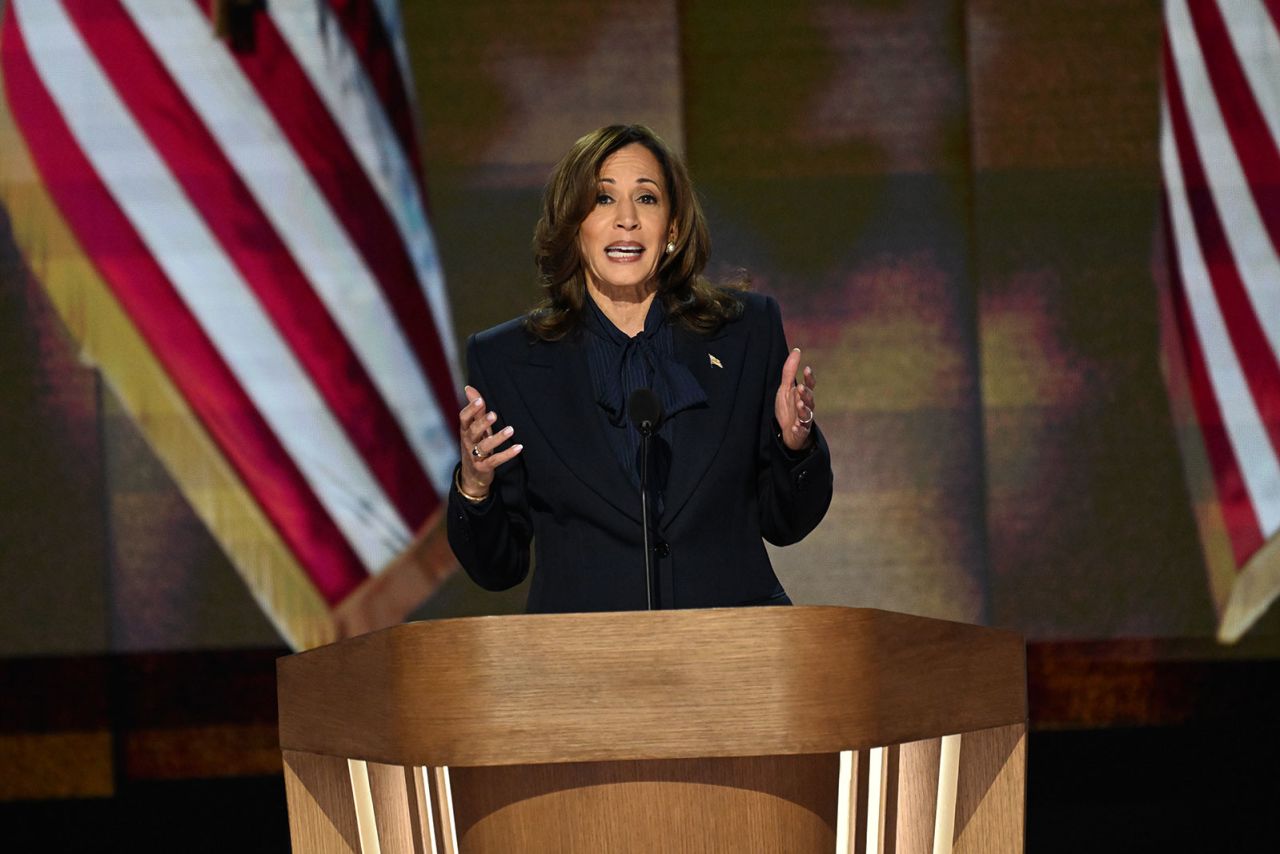 Vice President Kamala Harris speaks on stage during the DNC on Thursday, August 22, in Chicago.