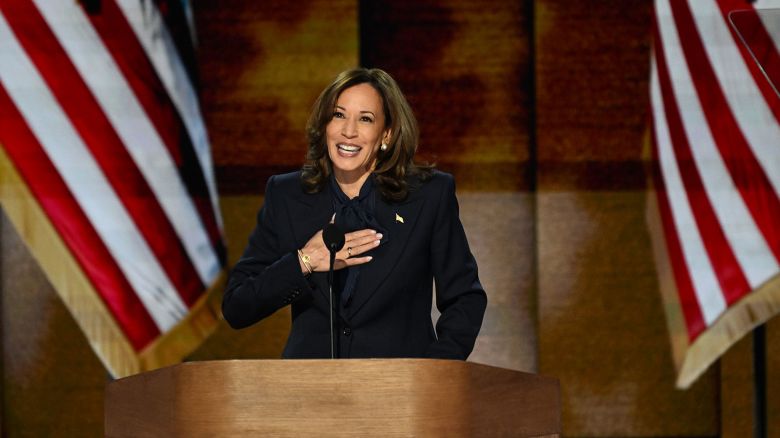 Vice President Kamala Harris speaks on stage during the DNC on Thursday, August 22, in Chicago.