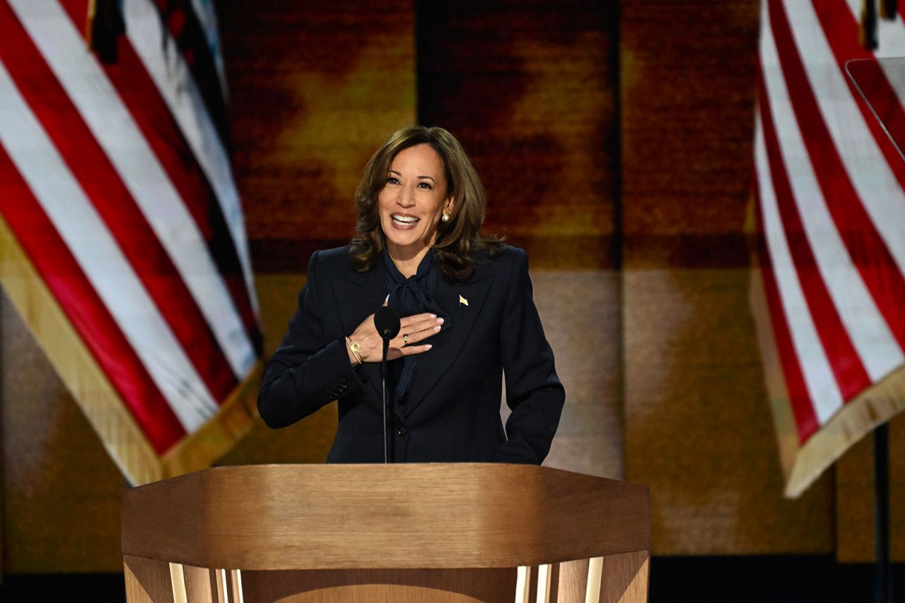 Vice President Kamala Harris speaks on stage during the DNC on Thursday, August 22, in Chicago.