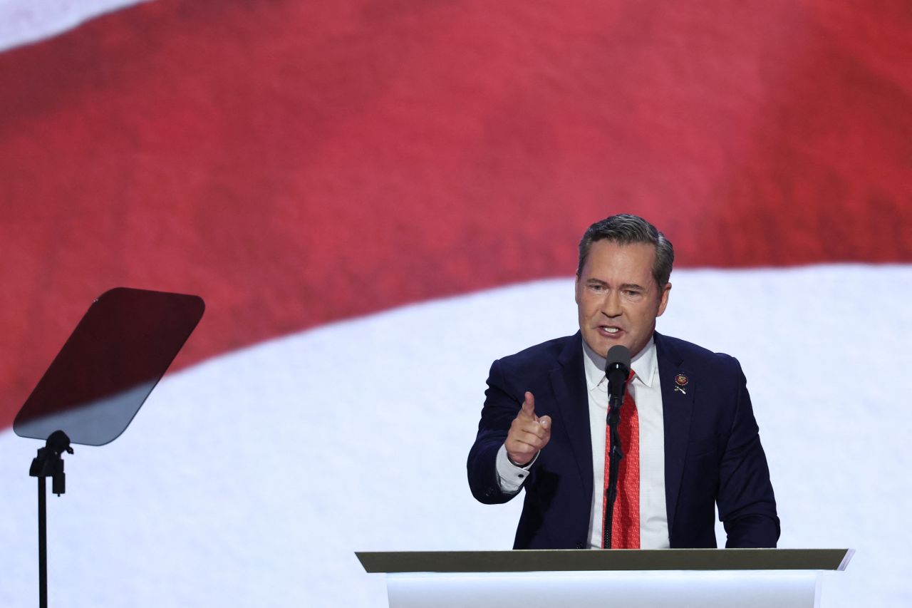 Rep. Michael Waltz gestures on Day 3 of the Republican National Convention (RNC), at the Fiserv Forum in Milwaukee, Wisconsin, on July 17.