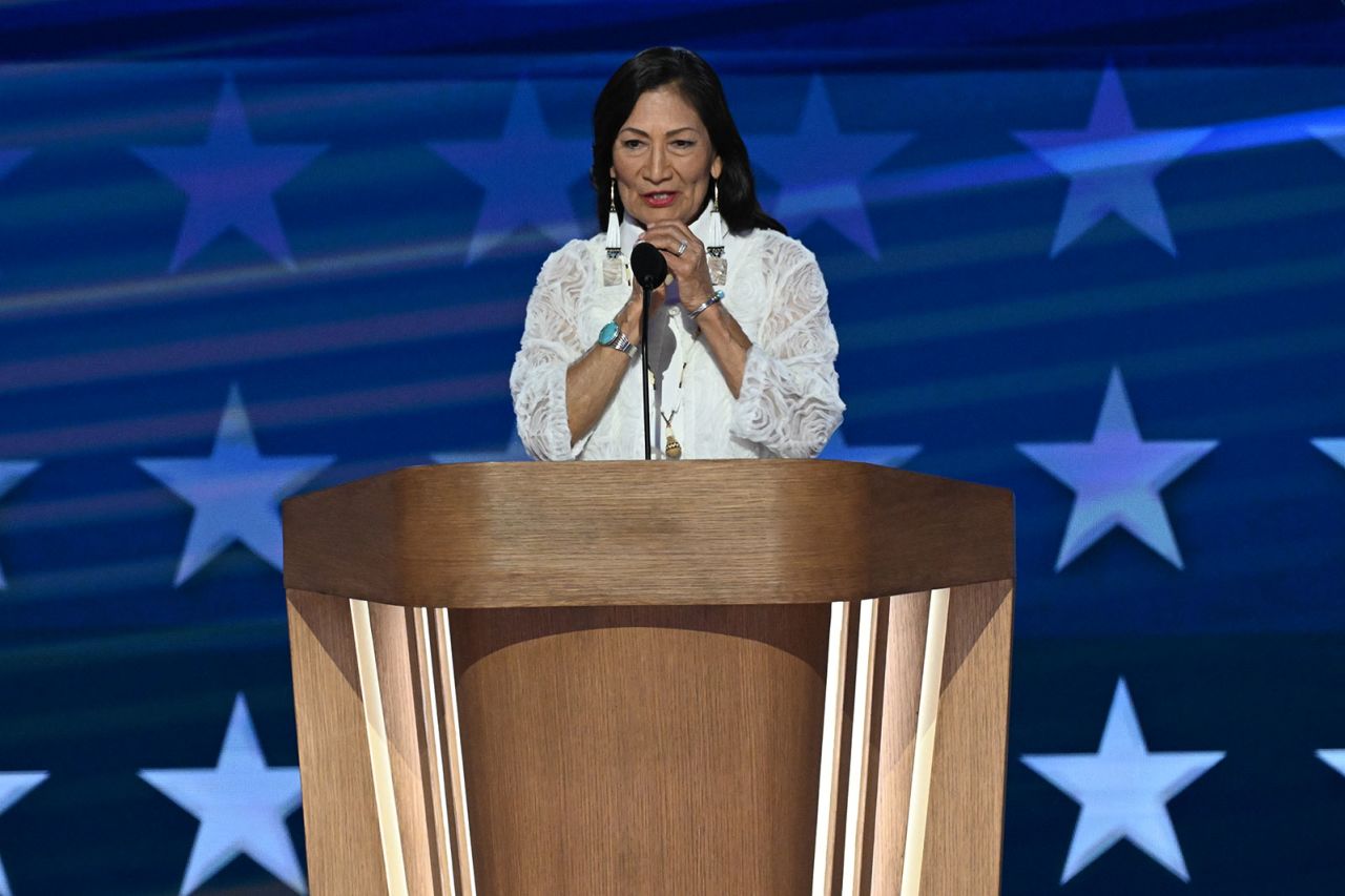 Interior Secretary Deb Haaland speaks on Thursday, August 22, in Chicago, during the DNC.