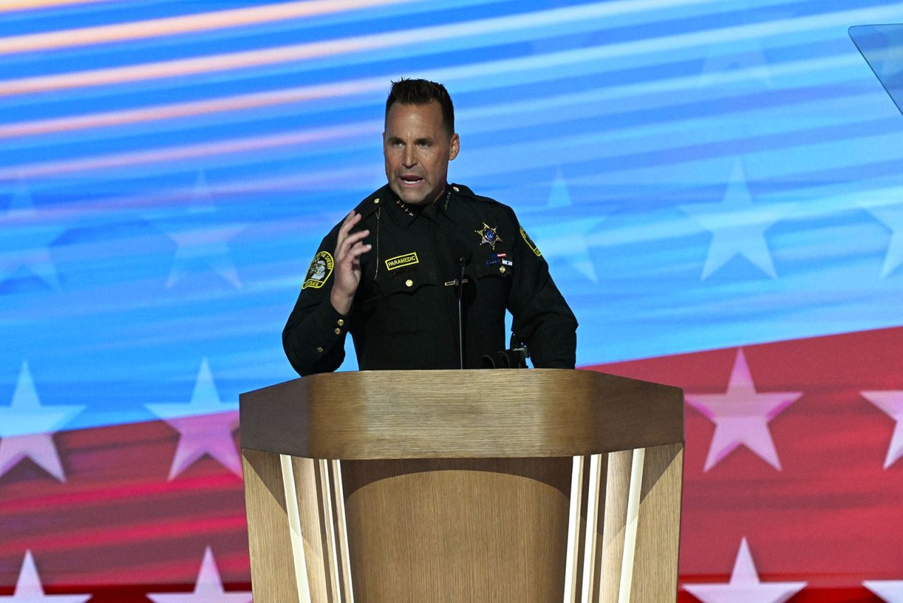 Sheriff Chris Swanson of Genesee County, Michigan, speaks on Thursday, August 22, in Chicago, during the DNC.