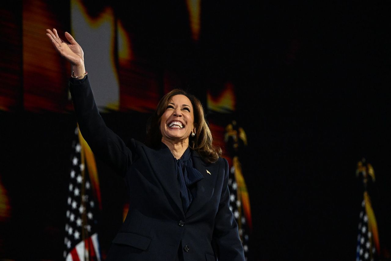 Democratic presidential nominee, Vice President Kamala Harris takes the stage for her keynote address at the Democratic National Convention on August 22. 