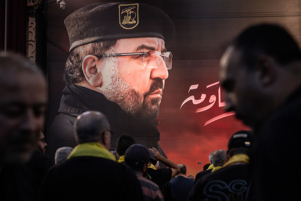 A poster of Hezbollah's top commander Fuad Shukr is displayed during a ceremony to mark the first week since his death, in Beirut, Lebanon, on August 06.?