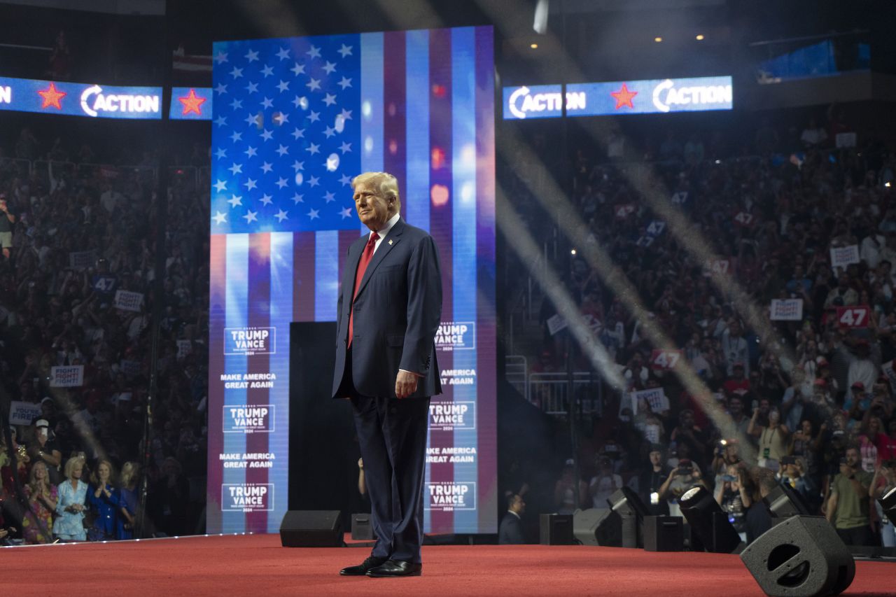 Donald Trump takes the stage at a rally in Glendale, Arizona, on August 23.