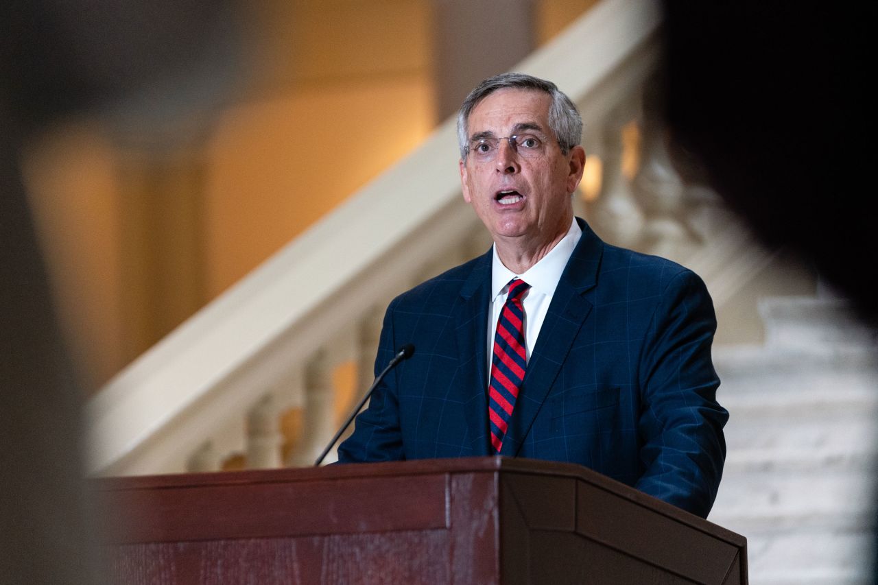 In this November 2022 photo, Georgia Secretary of State Brad Raffensperger speaks at a press conference at the Georgia State Capitol in Atlanta.