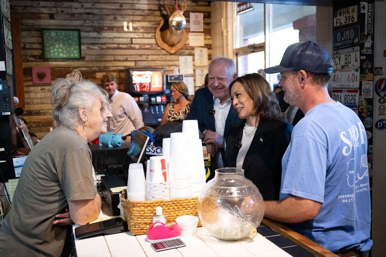 Vice President Kamala Harris and Minnesota Gov. Tim Walz visit Sandfly BBQ restaurant in Savannah, Georgia, on Wednesday, August 28.