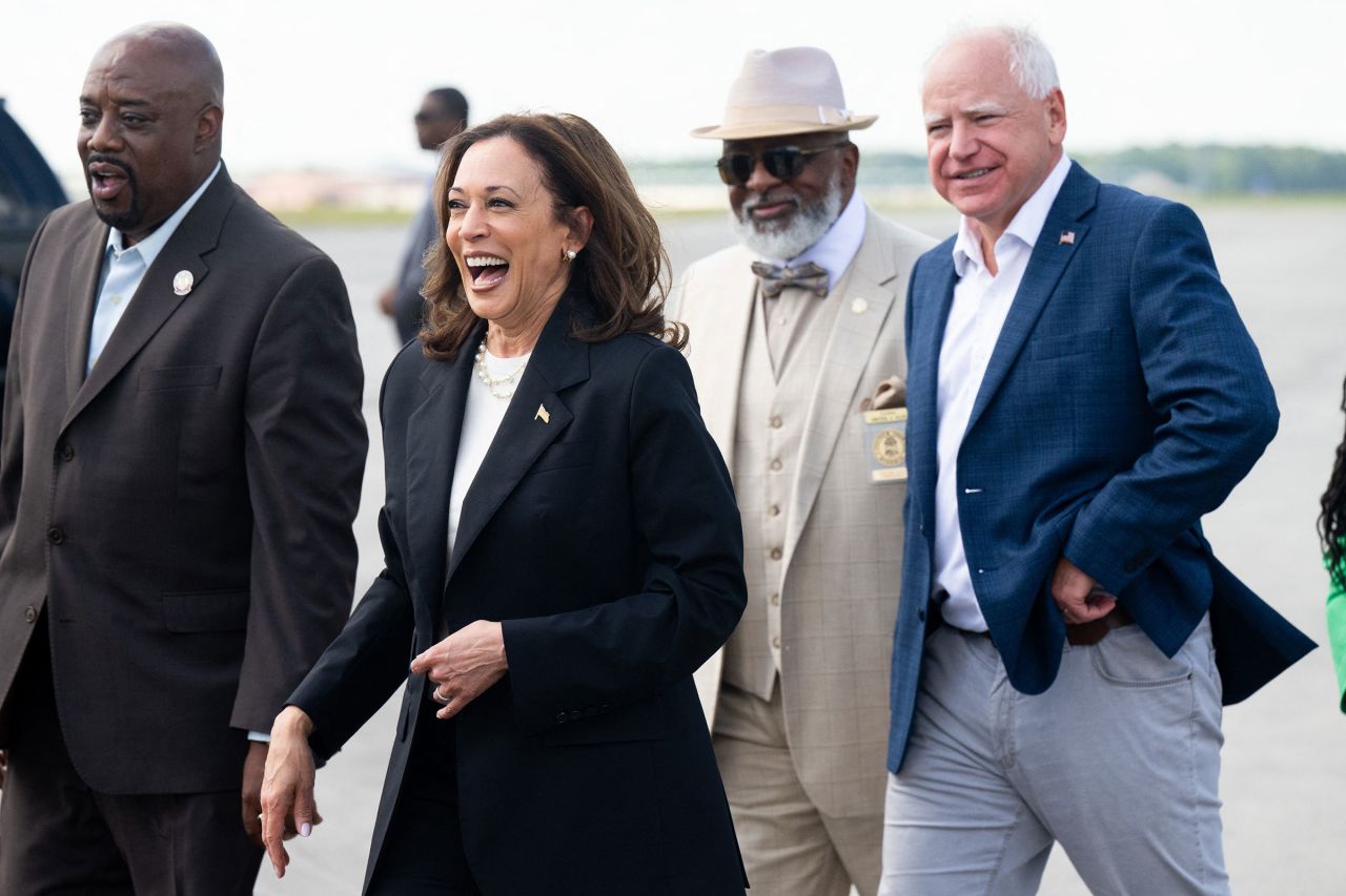 Vice President Kamala Harris and her running mate Minnesota Gov. Tim Walz arrive at Savannah/Hilton Head International Airport in Savannah, Georgia, on August 28.