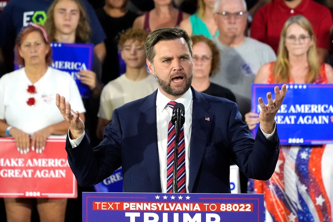 Republican vice presidential nominee Sen. JD Vance speaks at a campaign event in Erie, Pennsylvania. on Wednesday, August 28. 