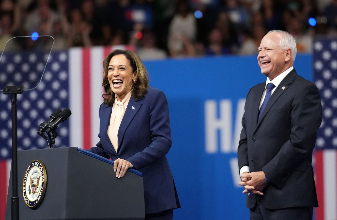 Vice President Kamala Harris and Minnesota Gov. Tim Walz appear on stage together during a campaign event in Philadelphia on August 6.