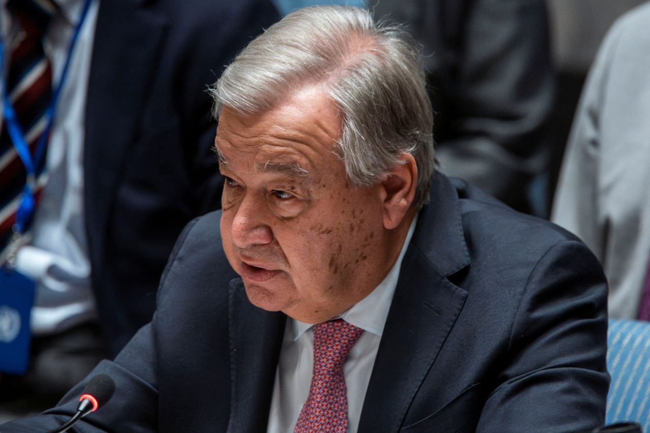 United Nations Secretary-General António Guterres speaks during a Security Council meeting on the situation in the Middle East in New York on April 14.