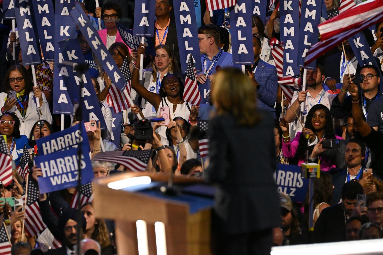 Vice President Kamala Harris speaks during the Democratic National Convention in Chicago on August 22.