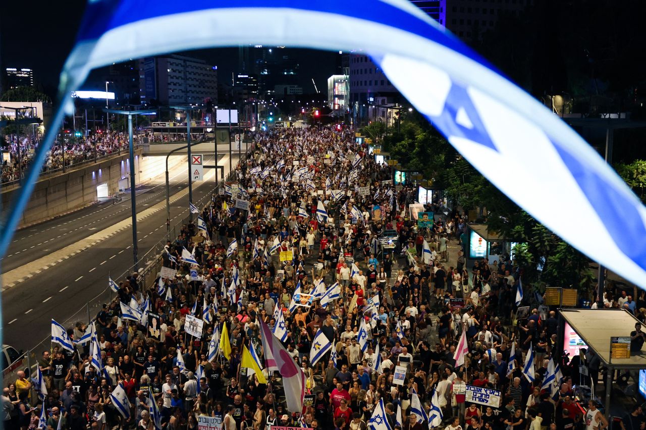 Protesters call for the release of Israeli hostages in Tel Aviv, Israel, on August 31.