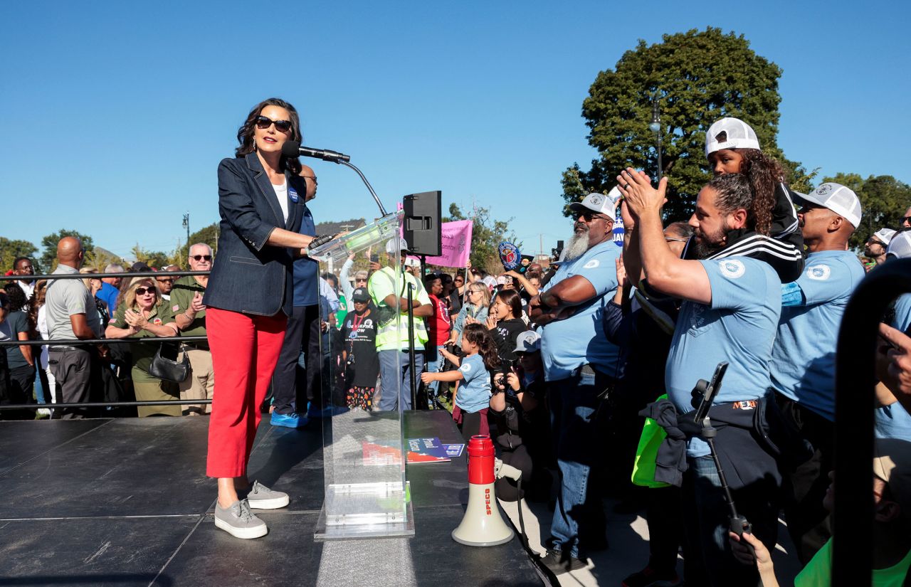 Michigan Gov. Gretchen Whitmer addresses union members at the annual Labor Day Parade in Detroit on Monday.