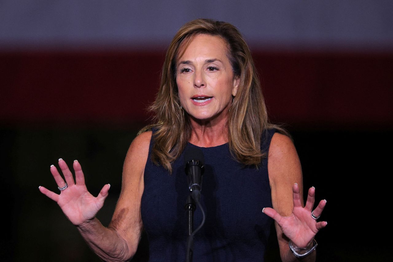 Rep. Lisa McClain speaks at a campaign rally with former President Donald Trump at Alro Steel manufacturing plant in Potterville, Michigan, on August 29.