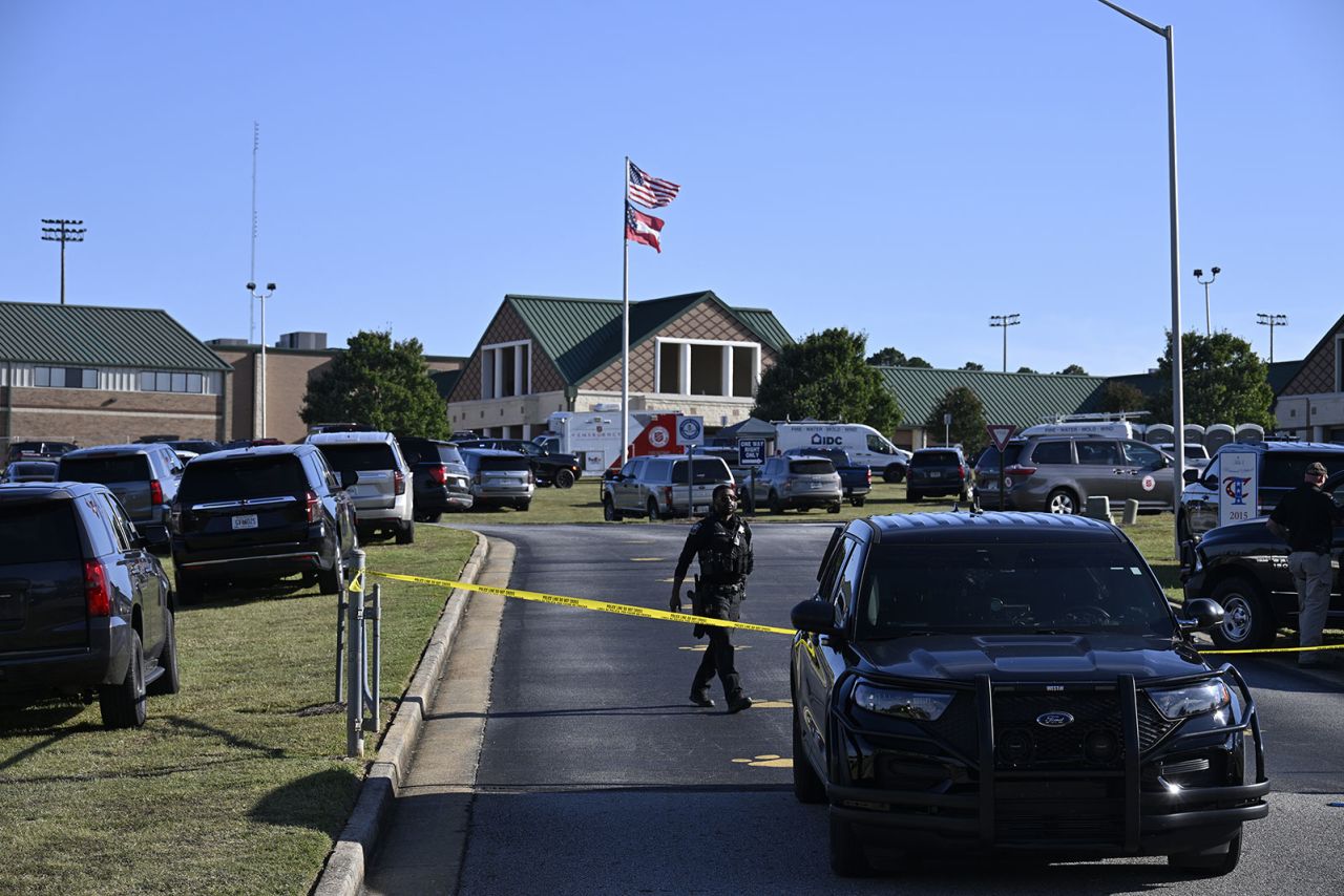 Police respond to a shooting at Apalachee High School in Winder, Georgia, on September 4.