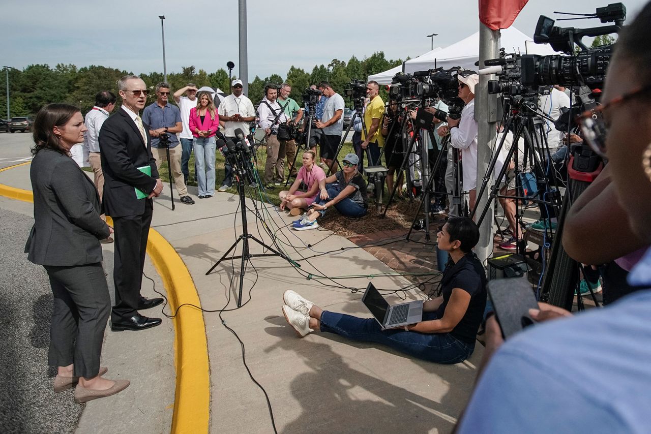 Barrow County District Attorney Brad Smith speaks to the media following the arraignments of Colt and Colin Gray at the Barrow County courthouse in Winder, Georgia, on Friday. 