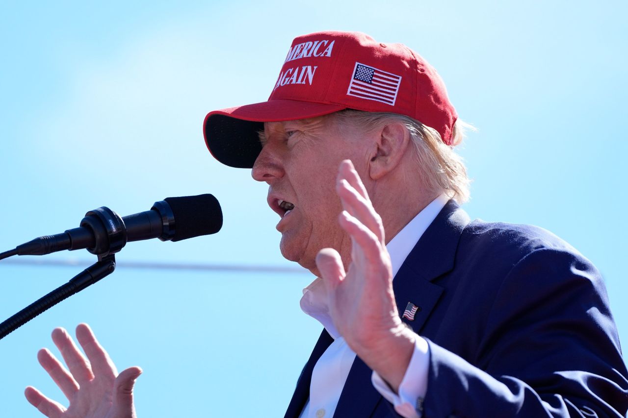 Former President Donald Trump speaks during a campaign event in Mosinee, Wisconsin, on Saturday.