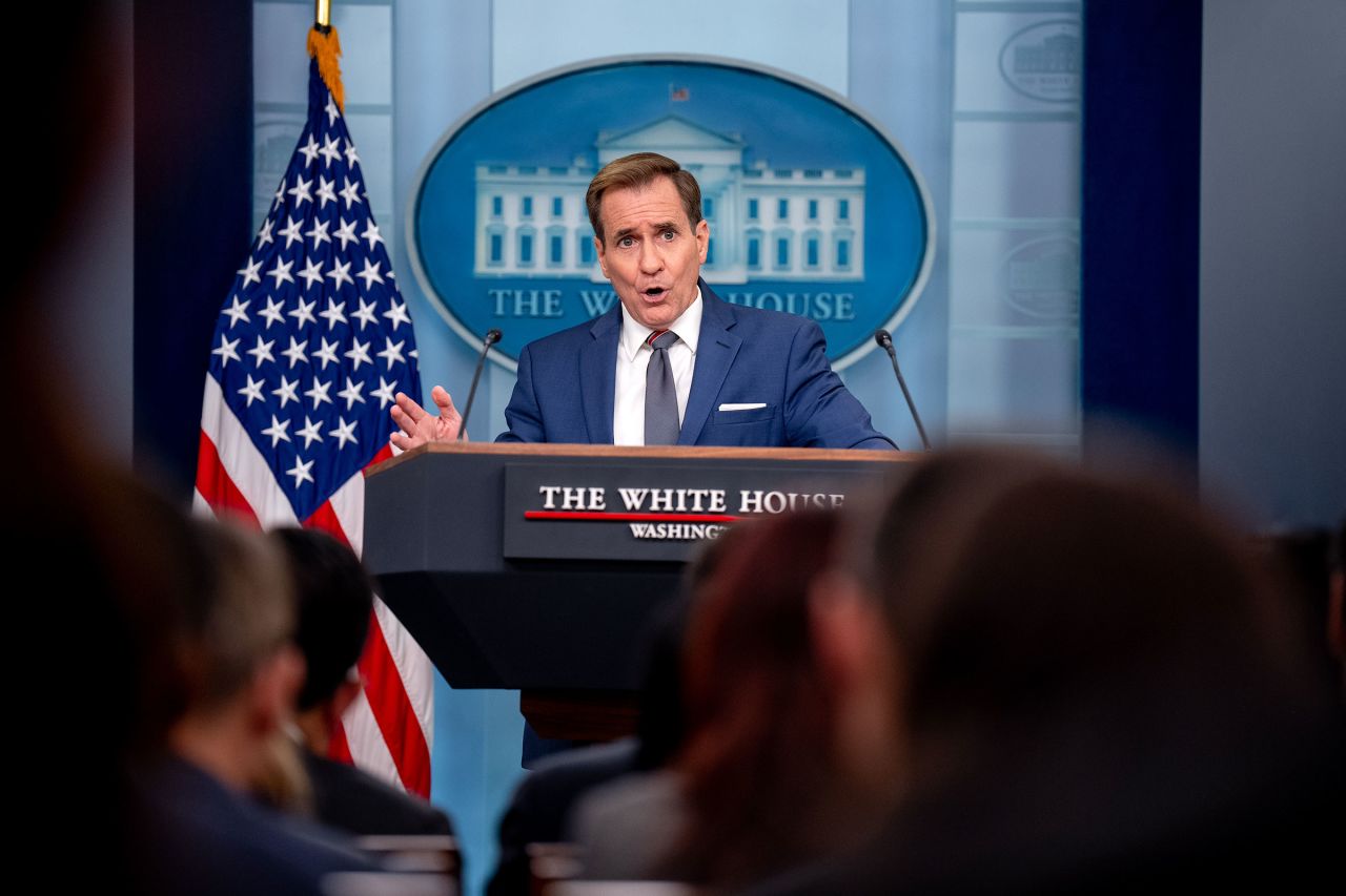 White House national security communications adviser John Kirby speaks during a news conference in the Brady Press Briefing Room at the White House on September 9 in Washington, DC.