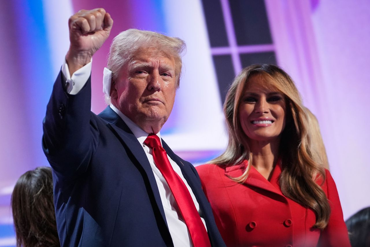 Former first lady Melania Trump joins former President Donald Trump on stage at the Republican National Convention in Milwaukee on July 18.