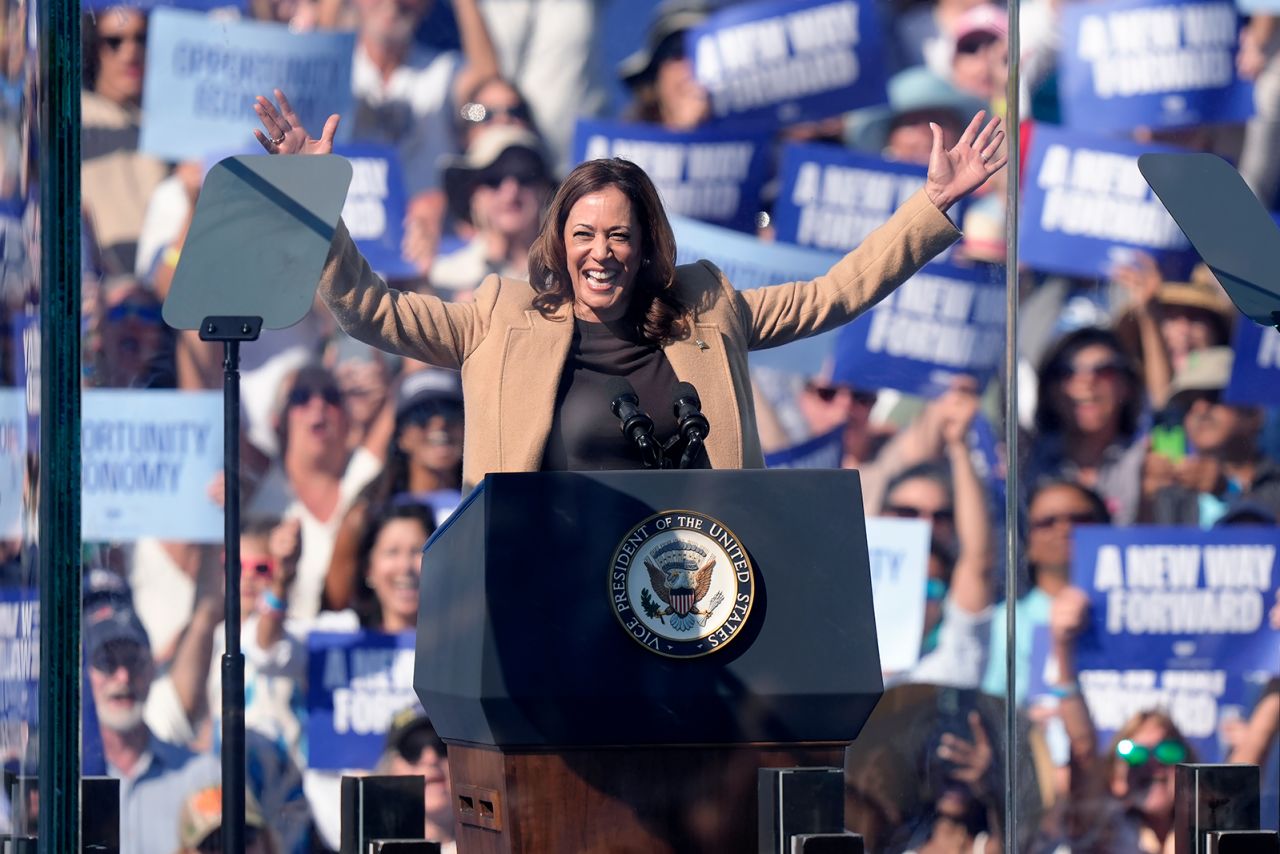 Kamala Harris speaks during a campaign stop at the Throwback Brewery, in North Hampton, on September 4.