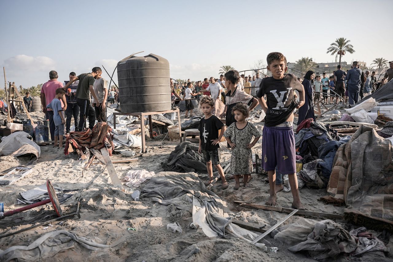 The tent encampment in Khan Younis, Gaza on Tuesday, following overnight Israeli strikes.