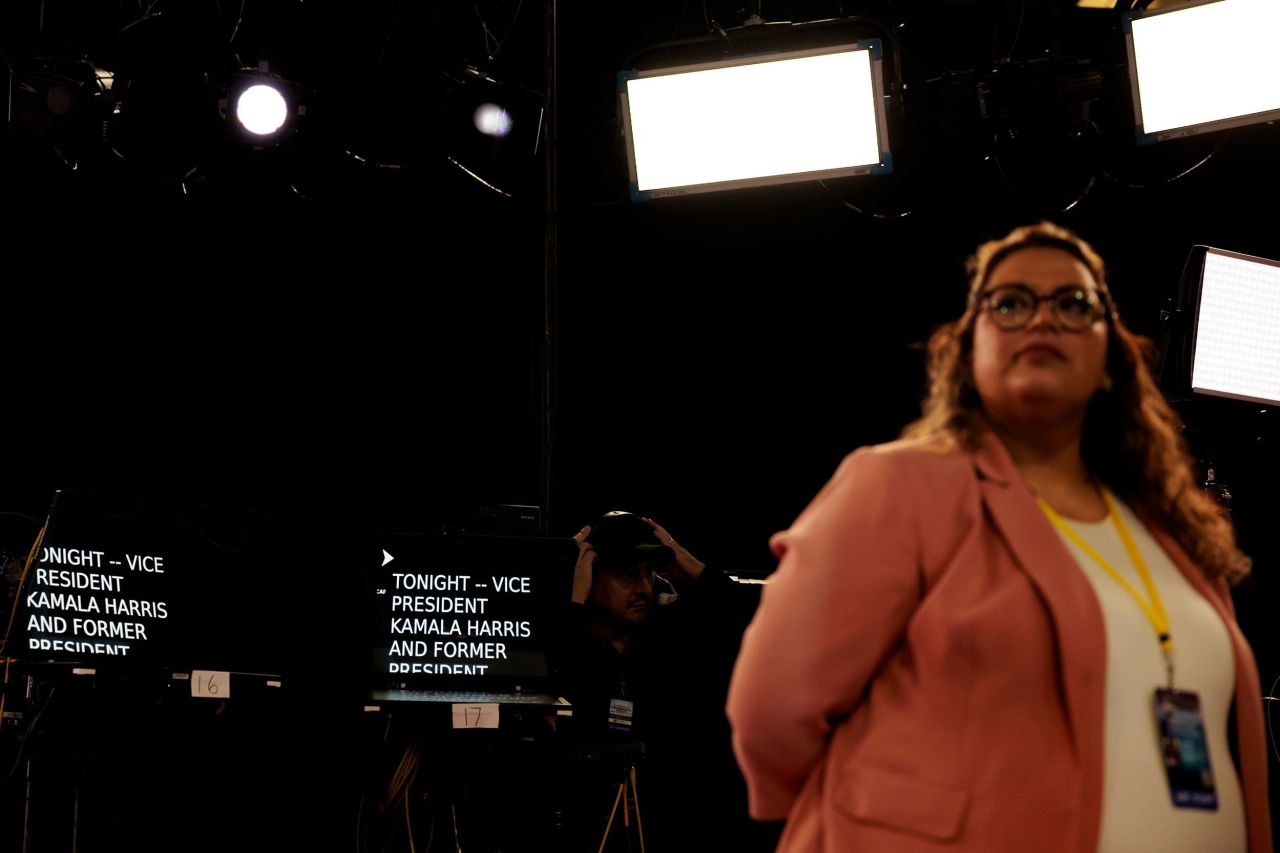 Teleprompters are seen in the spin room on Monday.