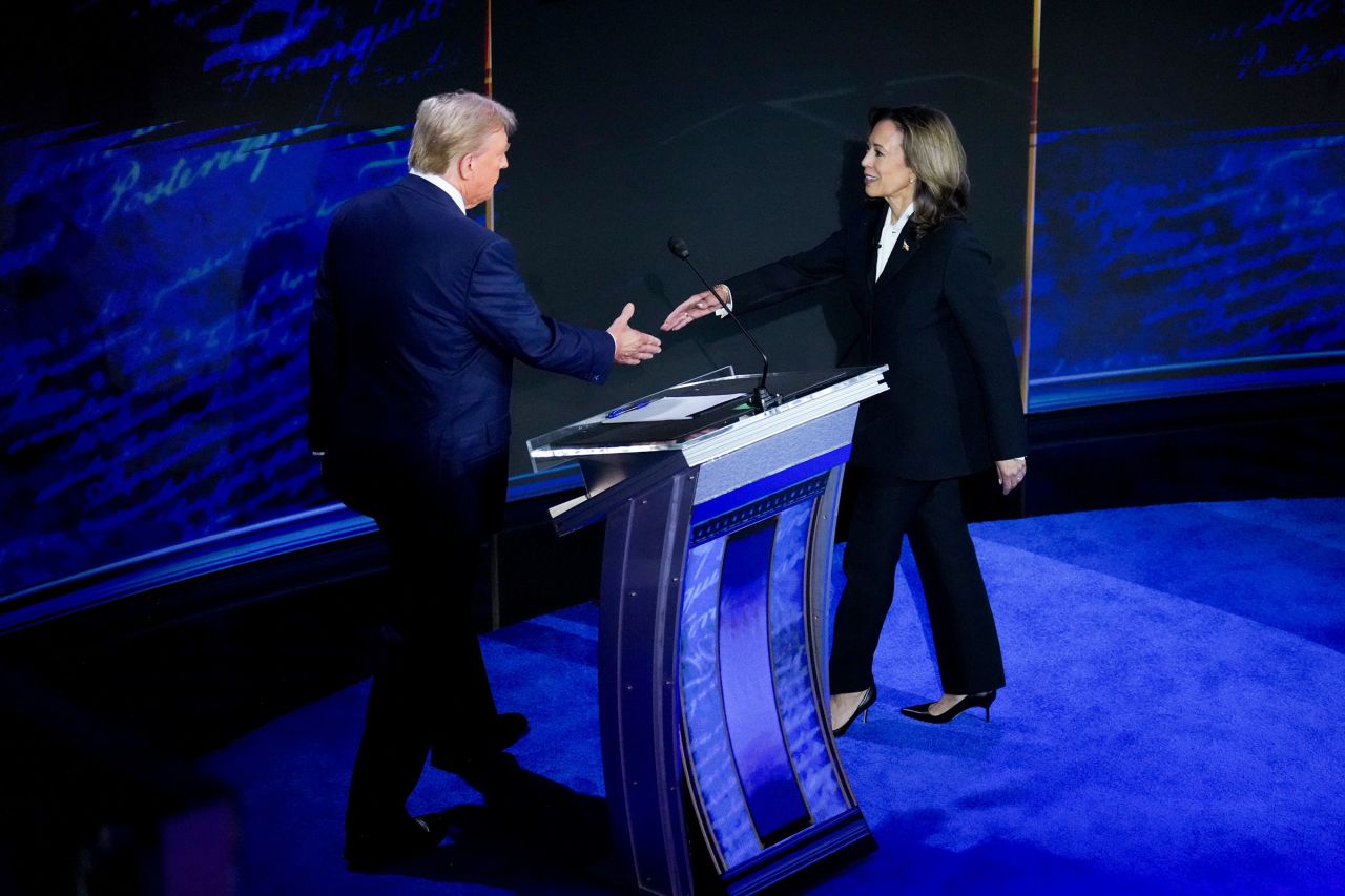 Vice President Kamala Harris, right, and former President Donald Trump shake hands during the second presidential debate at the Pennsylvania Convention Center in Philadelphia on Tuesday, September 10.