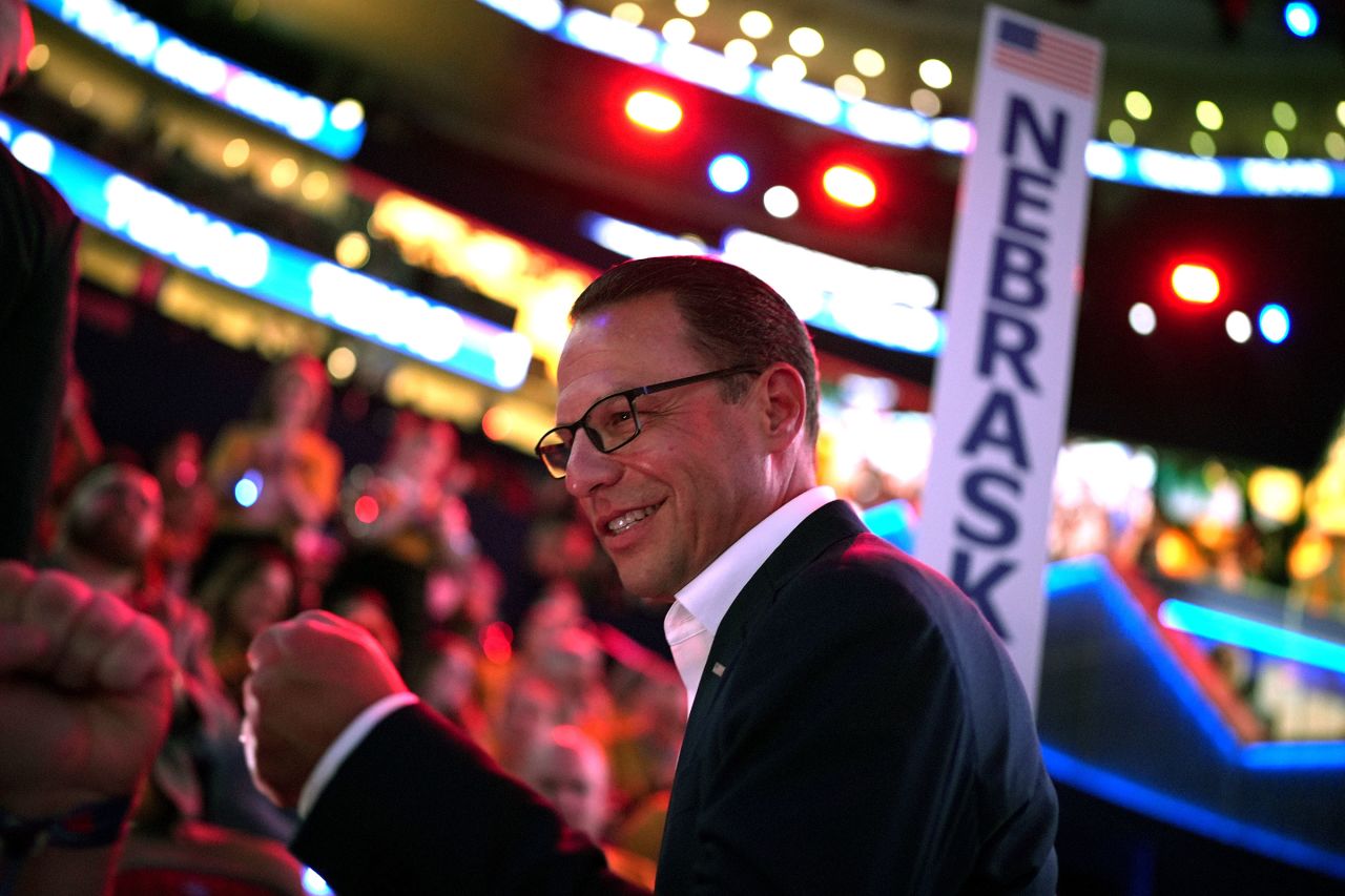 Pennsylvania Gov. Josh Shapiro joins the Pennsylvania delegation as they cast their votes during the Ceremonial Roll Call of States on the second day of the Democratic National Convention at the United Center on August 20 in Chicago.