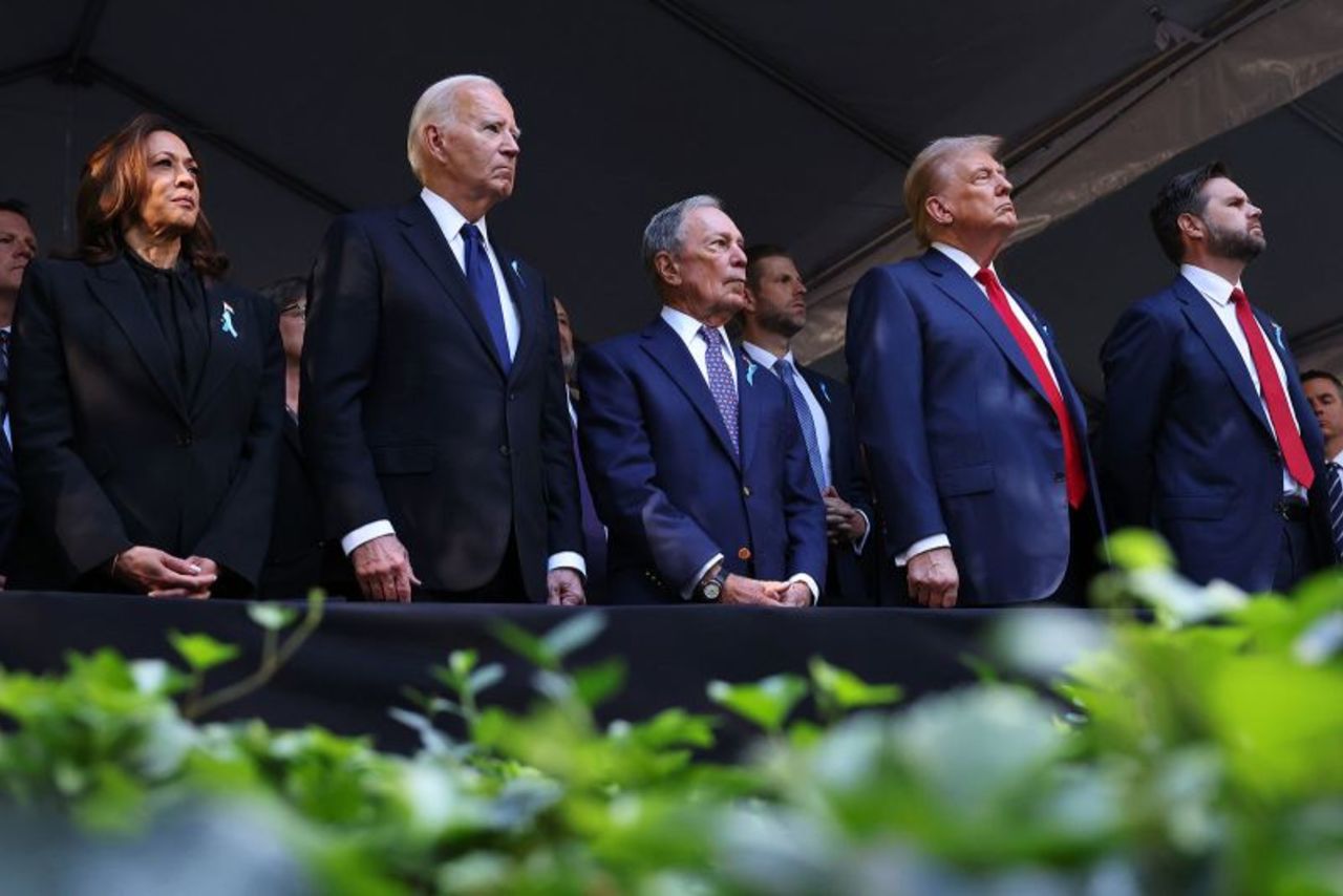 (Left to right): Vice President Kamala Harris, President Joe Biden, former NYC Mayor Michael Bloomberg, former President Donald Trump and Sen. JD Vance attend the annual 9/11 Commemoration Ceremony at the National 9/11 Memorial and Museum on September 11, in New York City. 