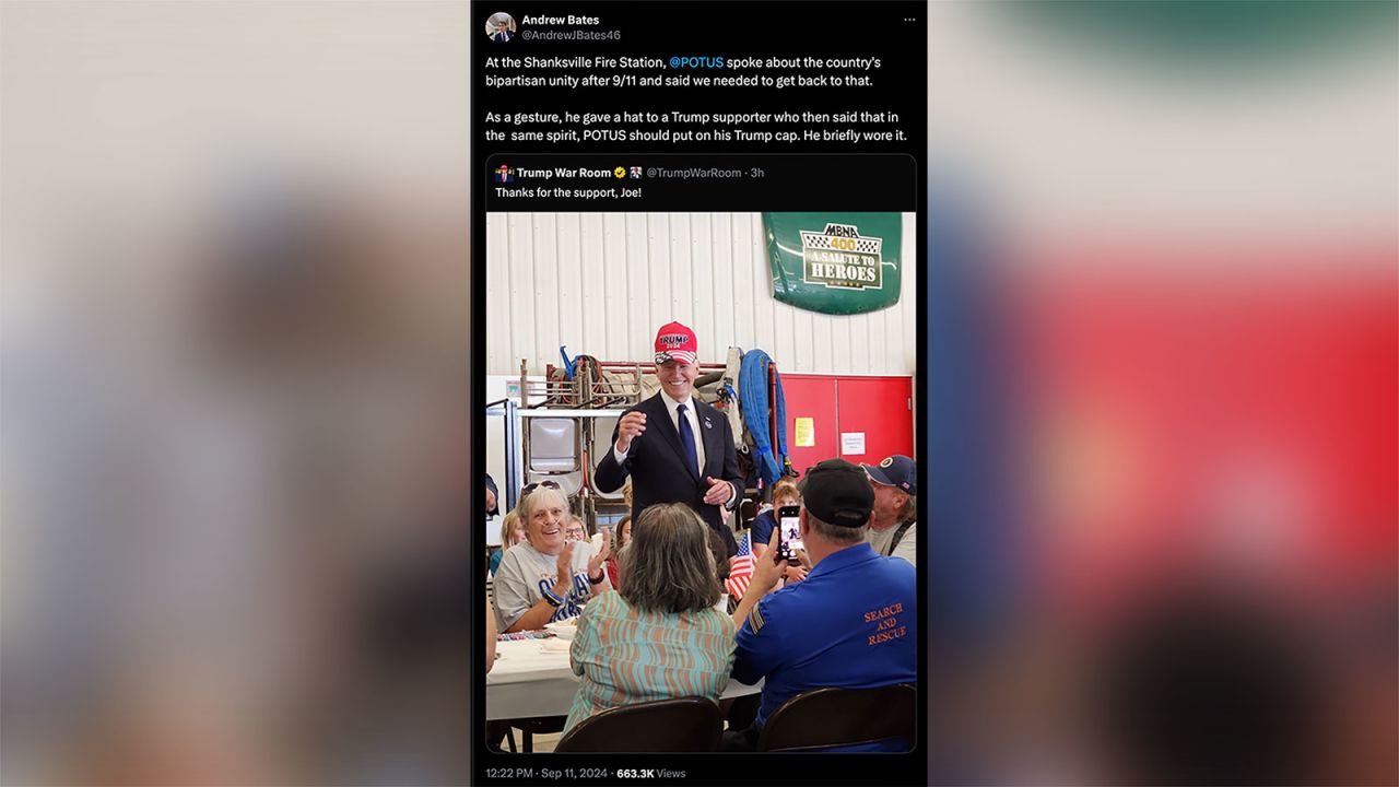 "At the Shanksville Fire Station, @POTUS spoke about the country's bipartisan unity after 9/11 and said we needed to get back to that. As a gesture, he gave a hat to a Trump supporter who then said that in the same spirit, POTUS should put on his Trump cap. He briefly wore it," White House spokesman Andrew Bates explained via X.