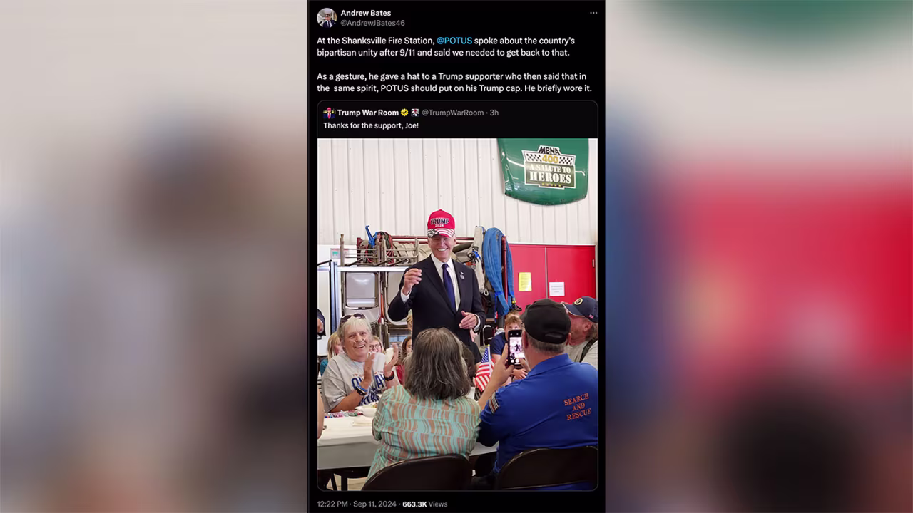 "At the Shanksville Fire Station, @POTUS spoke about the country's bipartisan unity after 9/11 and said we needed to get back to that. As a gesture, he gave a hat to a Trump supporter who then said that in the same spirit, POTUS should put on his Trump cap. He briefly wore it," White House spokesman Andrew Bates explained via X.