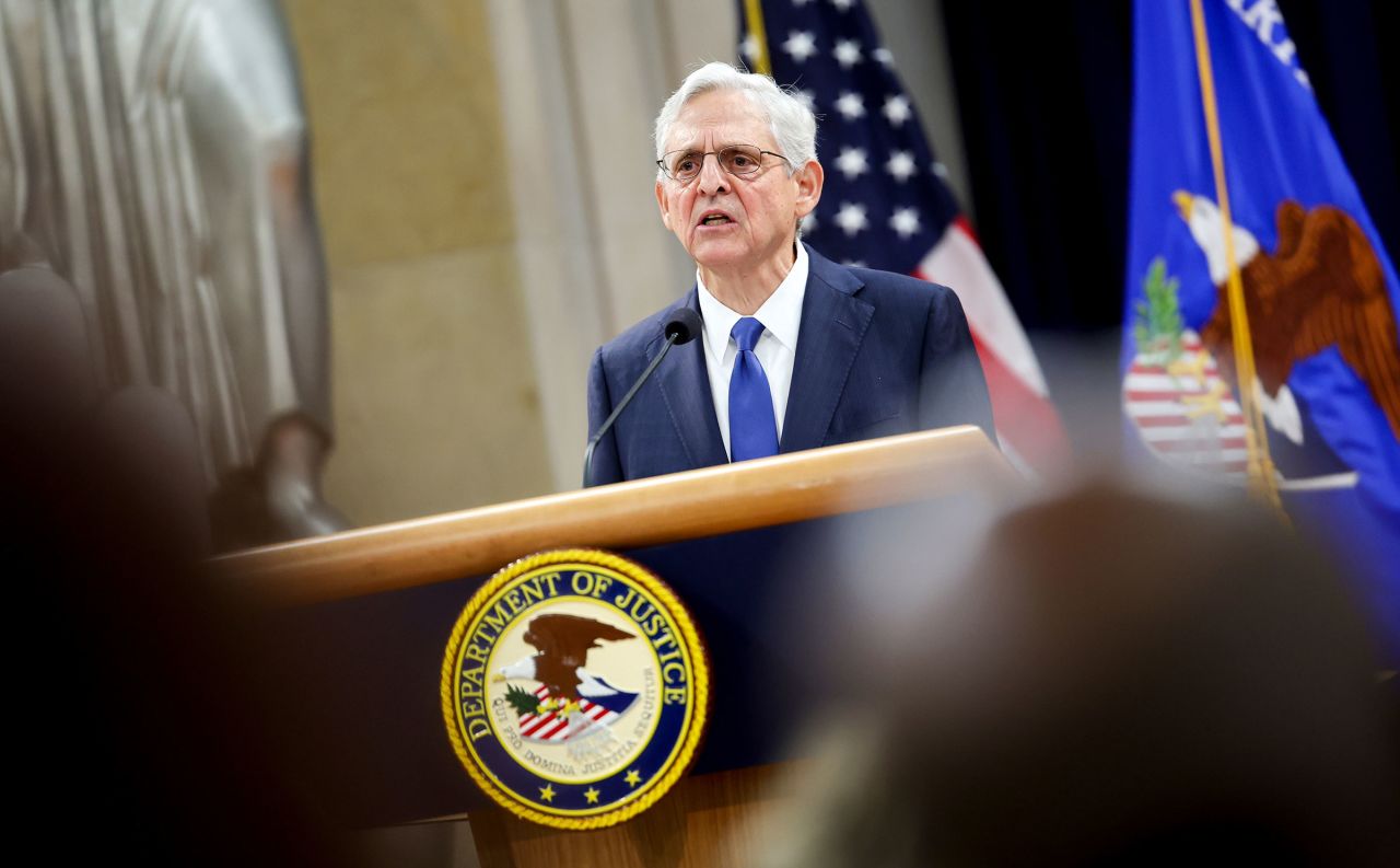 Merrick Garland speaks at the Department of Justice in Washington, DC, on Thursday, Sept. 12.