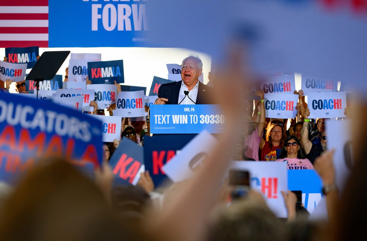 Minnesota Gov. Tim Walz speaks during a campaign rally on September 5, in Erie, Pennsylvania. 