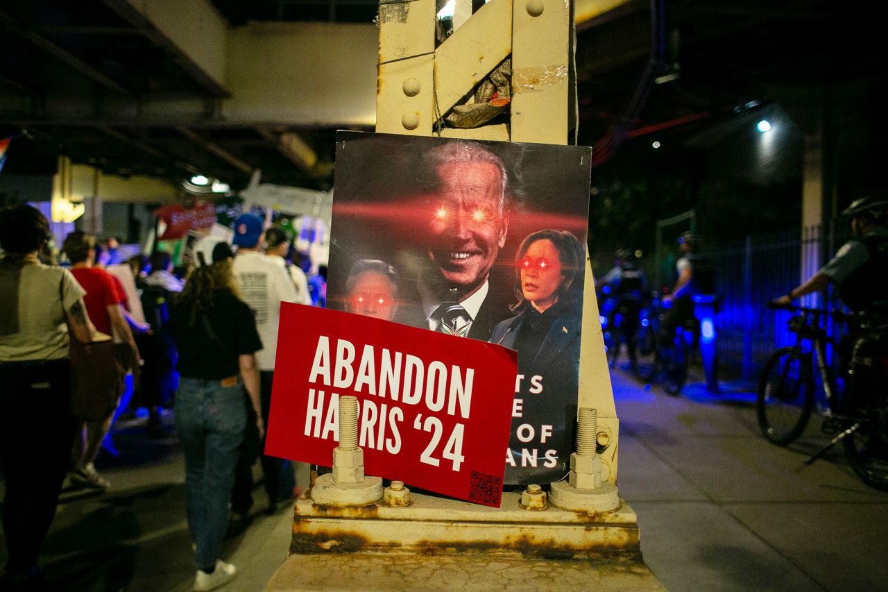 Pro-Palestine signs are displayed in the street near the United Center  in Chicago, Illinois, where the Democratic National Convention is being held, on August 22. 