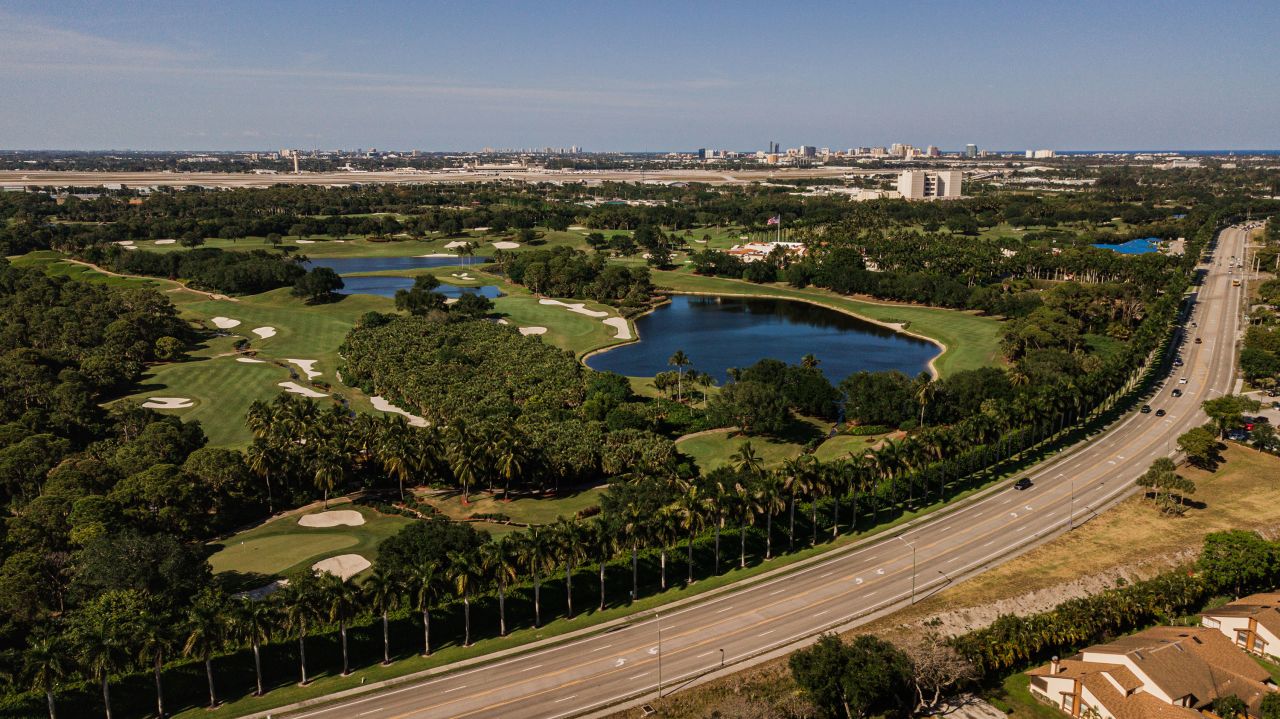 An April 2021 file photo shows an aerial view of Trump International Golf Club in West Palm Beach, Florida. 