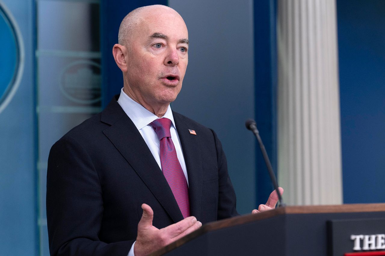 Alejandro Mayorkas speaks during a press briefing at the White House in Washington, on July 15. 